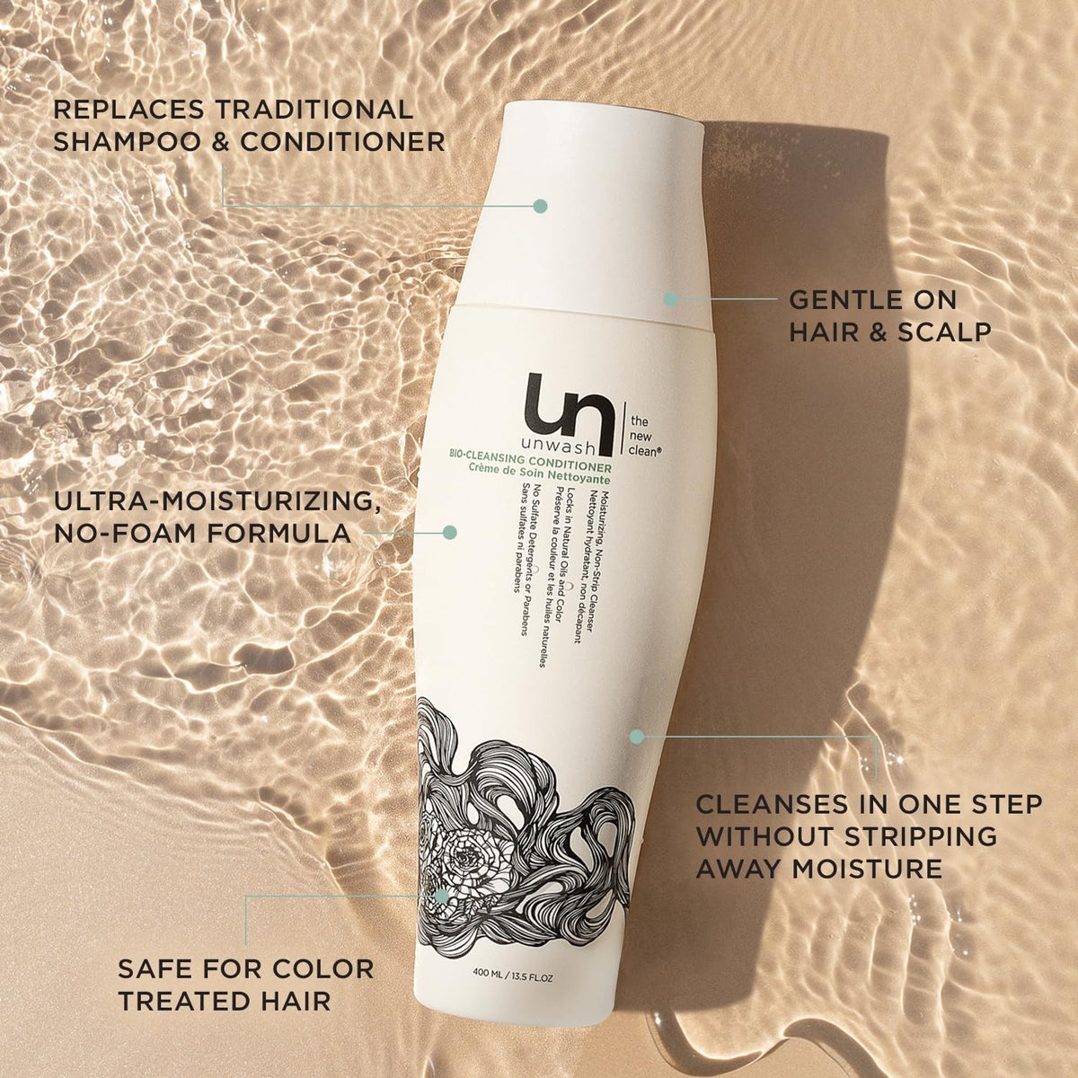 Unwash Bio-Cleansing Conditioner - Gentle Hydrating Co-Wash for Dry Curly Hair 13.5 Fl Oz