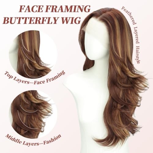 13x4 Lace Front Wig with Feathered Layers - Natural Look, Brown Highlights, 26 Inch