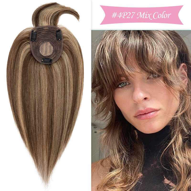 Remy Human Hair Topper Clip-In Hairpiece with Silk Base and Bangs - Multiple Sizes & Colors