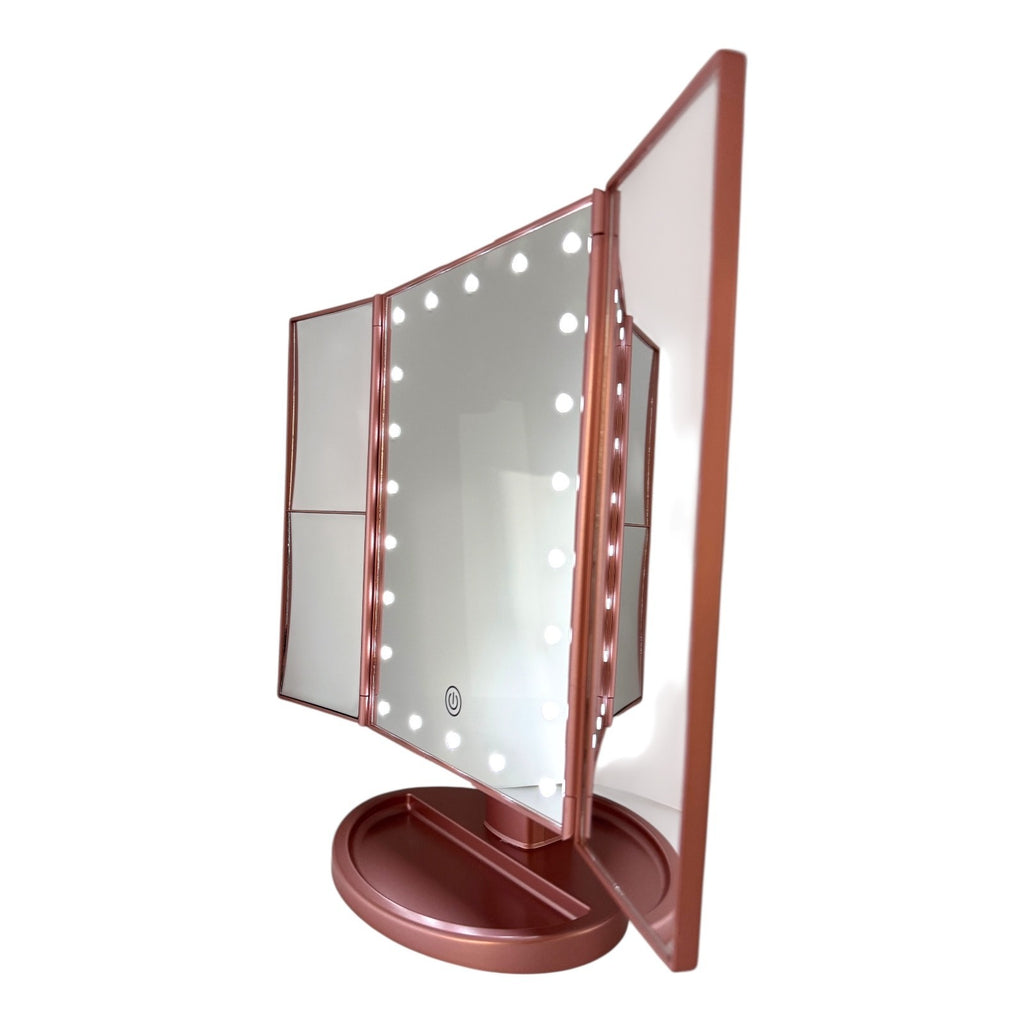 Tri-Fold Lighted Vanity Mirror with 22 LED, 1x 2x 3x Magnification, USB or Battery Powered, Rose Gold