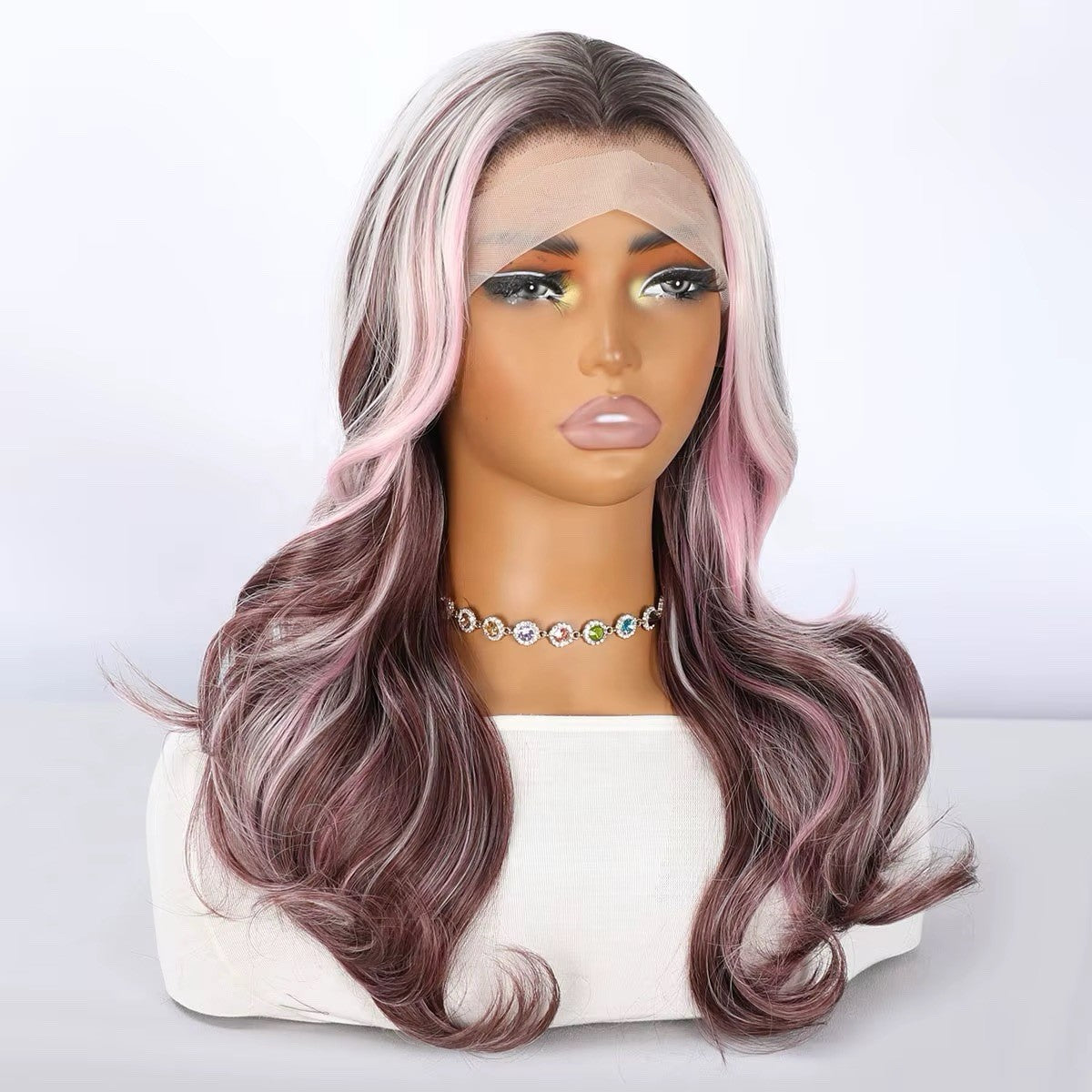 Long Wavy Lace Front Wig with Highlights 22 Inches Pink White Silver Cosplay Halloween