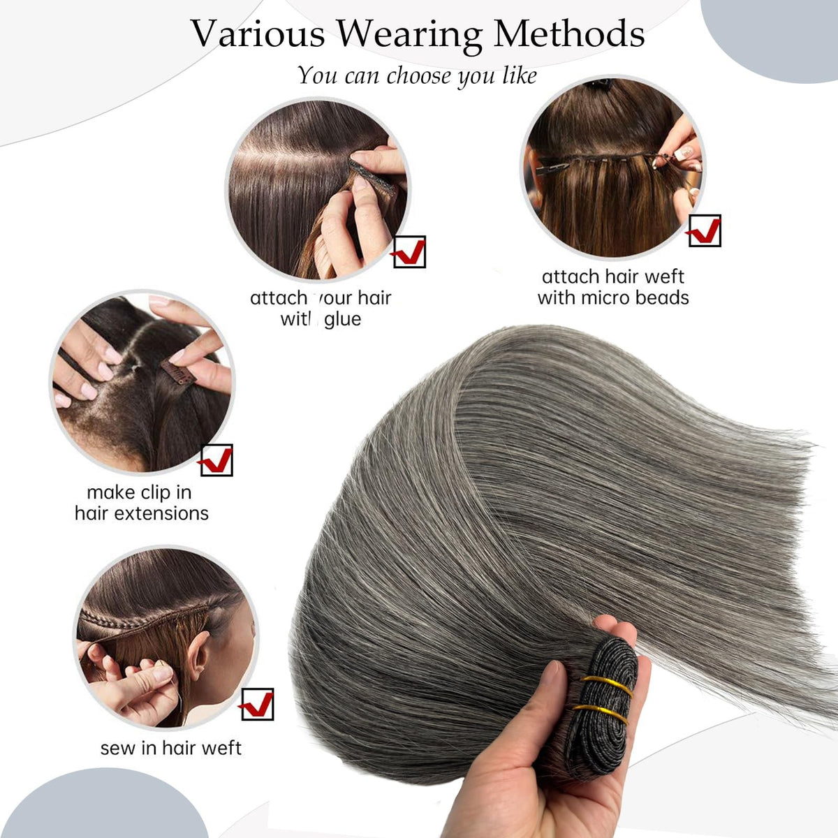 Grey Salt & Pepper Remy Human Hair Wefts 16 Inch Sew-In Extensions