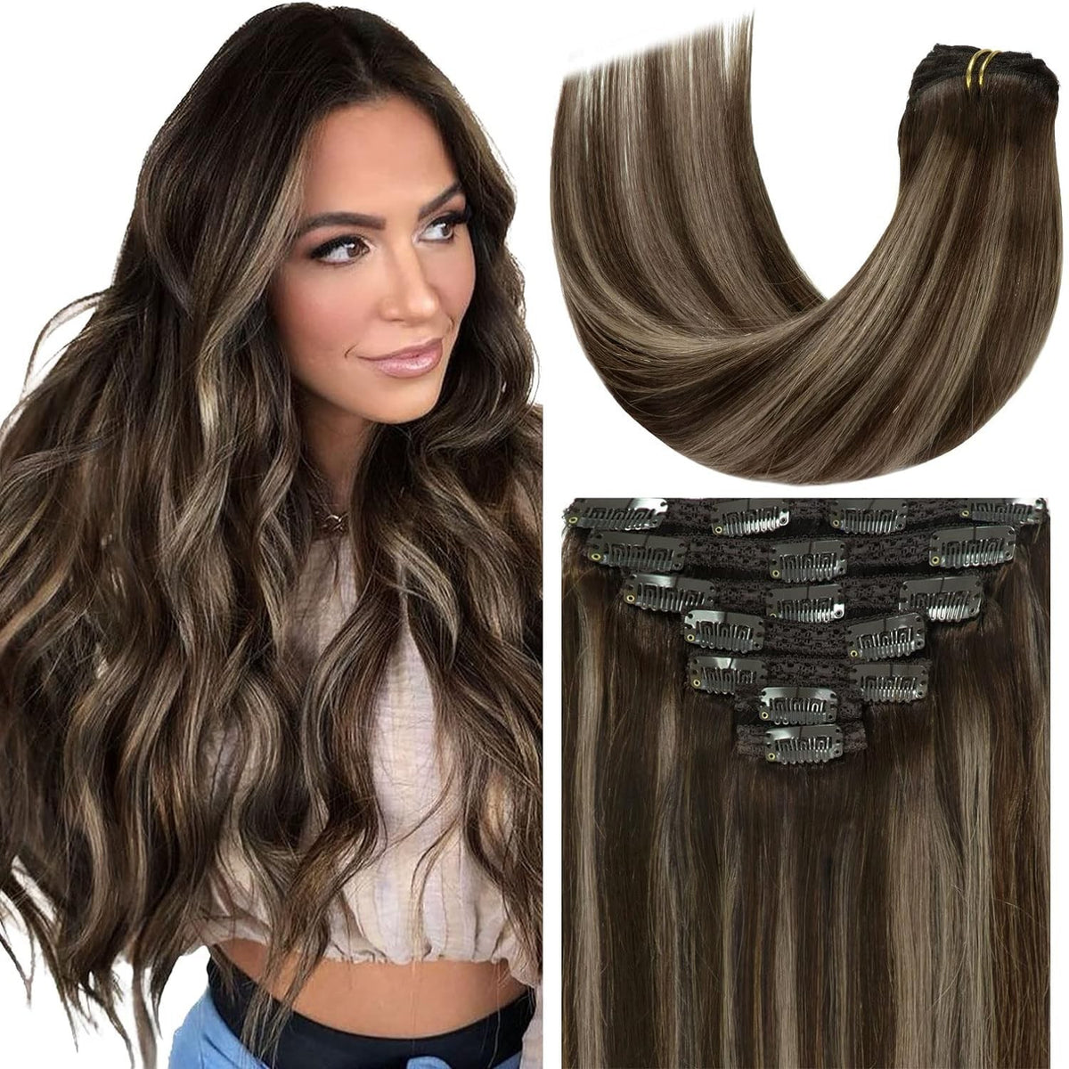 14-Inch Clip-In Hair Extensions - Human Hair Straight Chestnut Brown