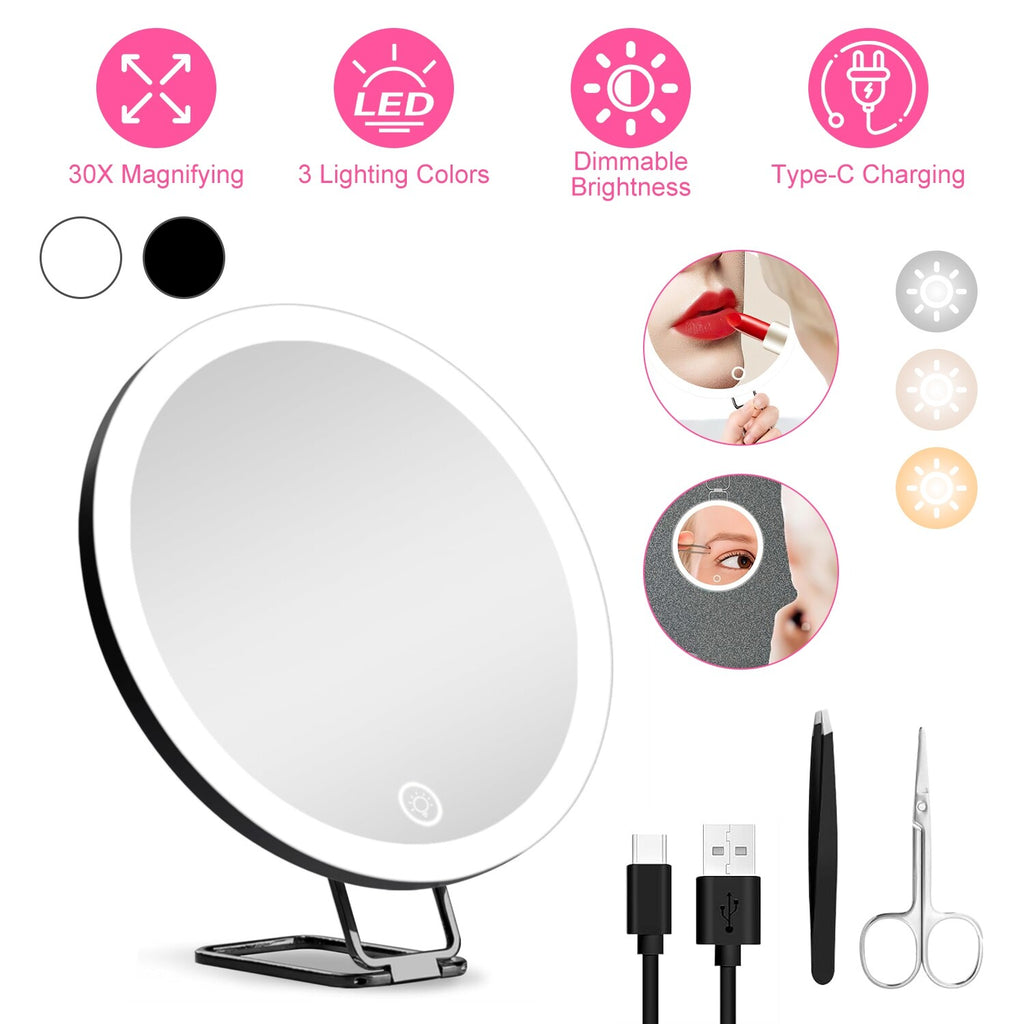 30X Magnifying Lighted Makeup Mirror with 3 Color LEDs – Adjustable Brightness