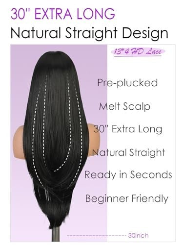 30-Inch Black Lace Front Wig with Pre-Plucked Hairline, Glueless Synthetic Hair