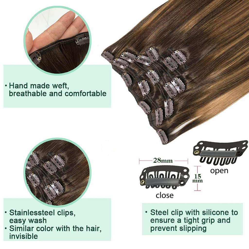 Clip-in Hair Extensions for Women, Real Human Hair, 16 Inch Long, 7pcs