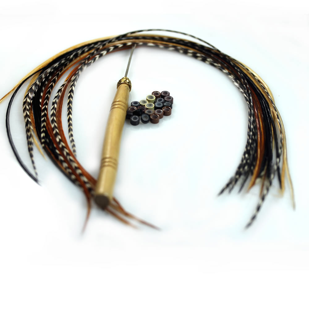 20 Real Feather Hair Extensions - Natural Long 8-12 Inch, Professional Styling Kit