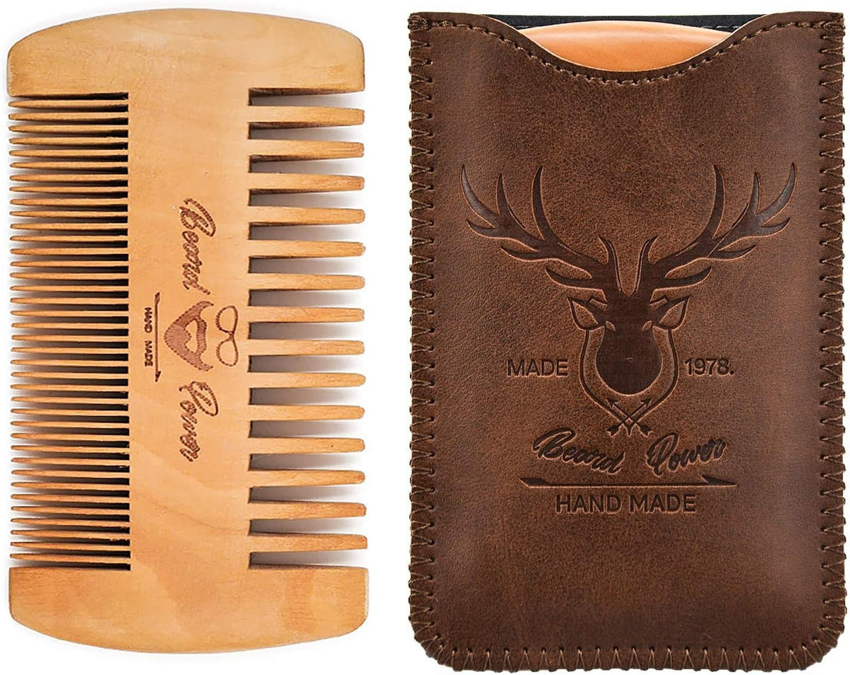 Wooden Beard Comb with Travel Case for Men - Natural Bamboo Grooming Kit