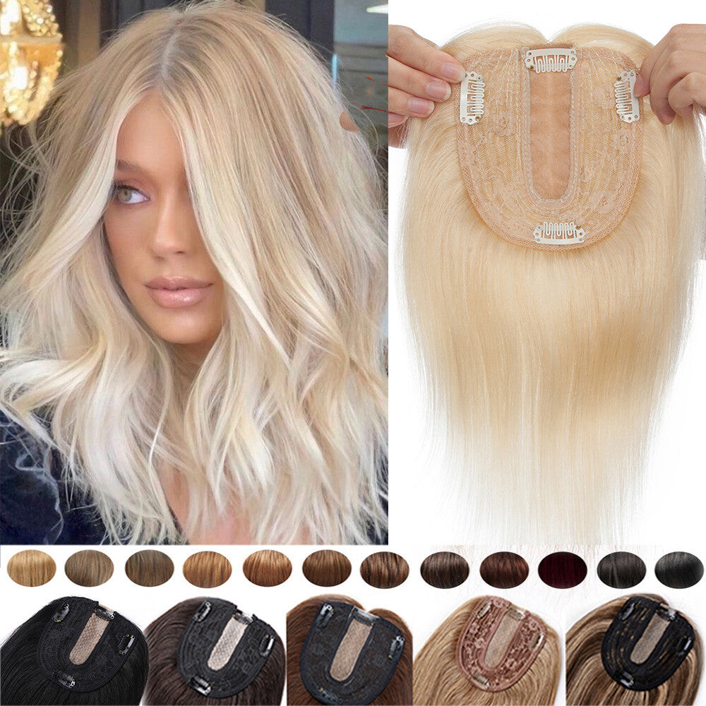 Remy Human Hair Topper with Silk Base Clip-In Hairpiece for Volume & Coverage