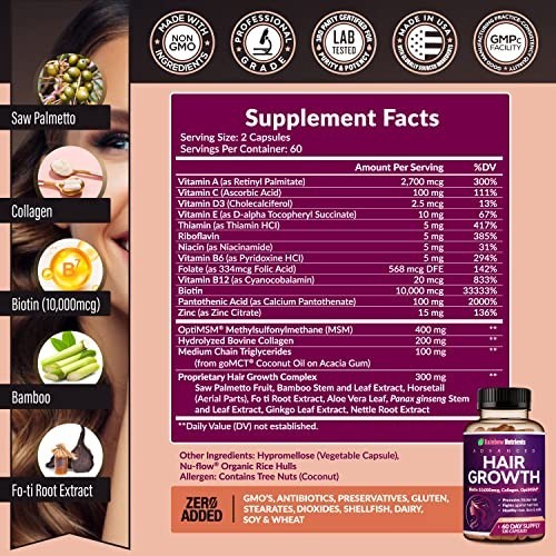 Hair Growth Vitamins for Women - Biotin 10,000mcg, Collagen, Saw Palmetto, MSM