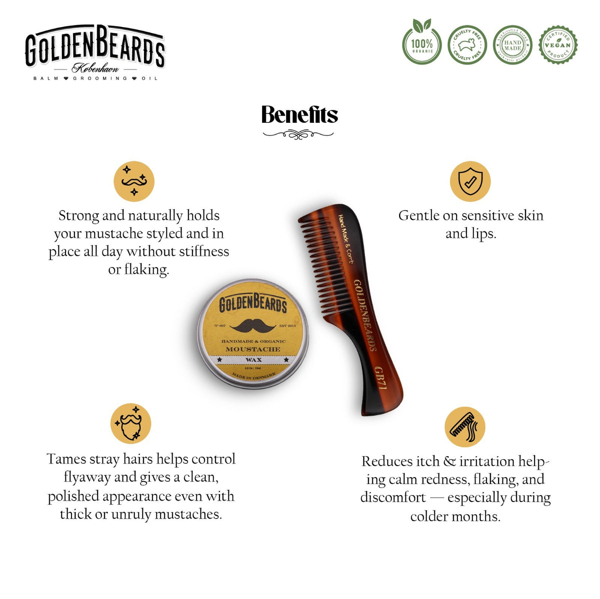 Organic Mustache Wax Kit with Comb for Styling & Taming Facial Hair