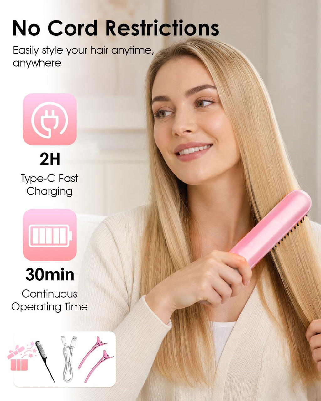 Cordless Ionic Hair Straightener Brush with 3D High-Density Teeth & Digital Temp Control