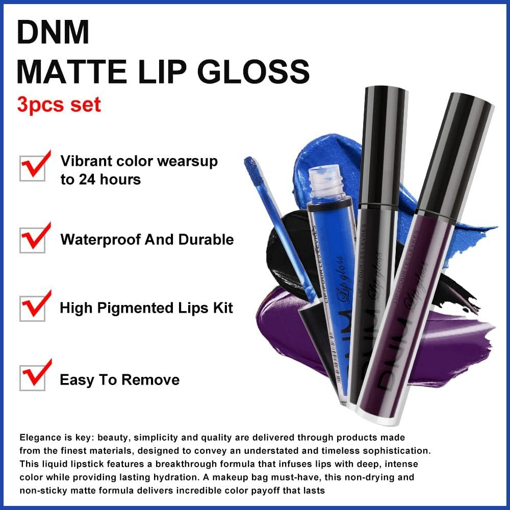 Liquid Lipstick Set 3Pcs Matte Purple Black Blue Long Lasting Lip Color for Women