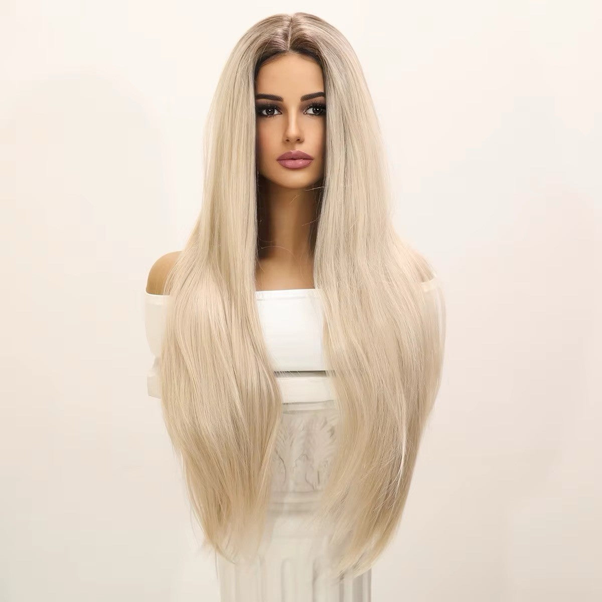 Women's 34-Inch Straight Blonde Wig with Dark Brown Roots Costume Hair Extension