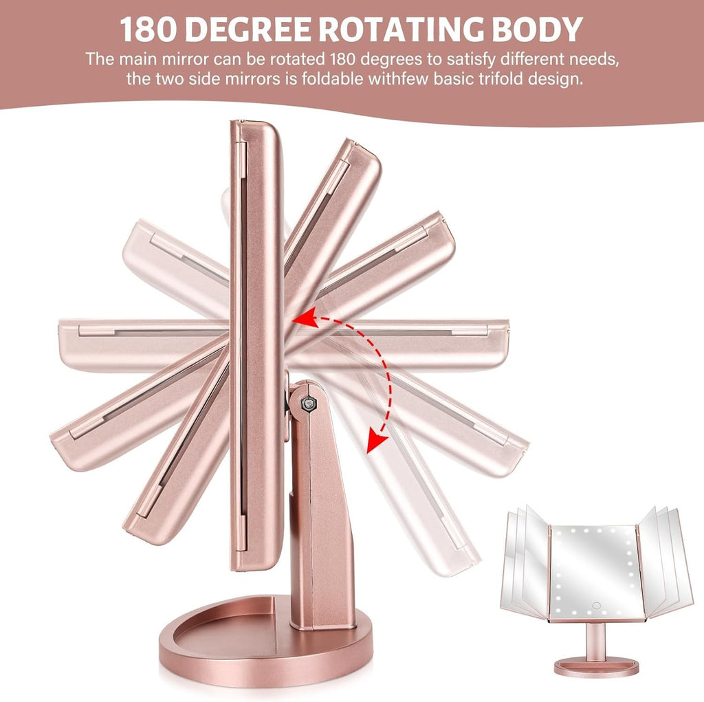 Tri-Fold Lighted Vanity Mirror with 22 LED, 1x 2x 3x Magnification, USB or Battery Powered, Rose Gold