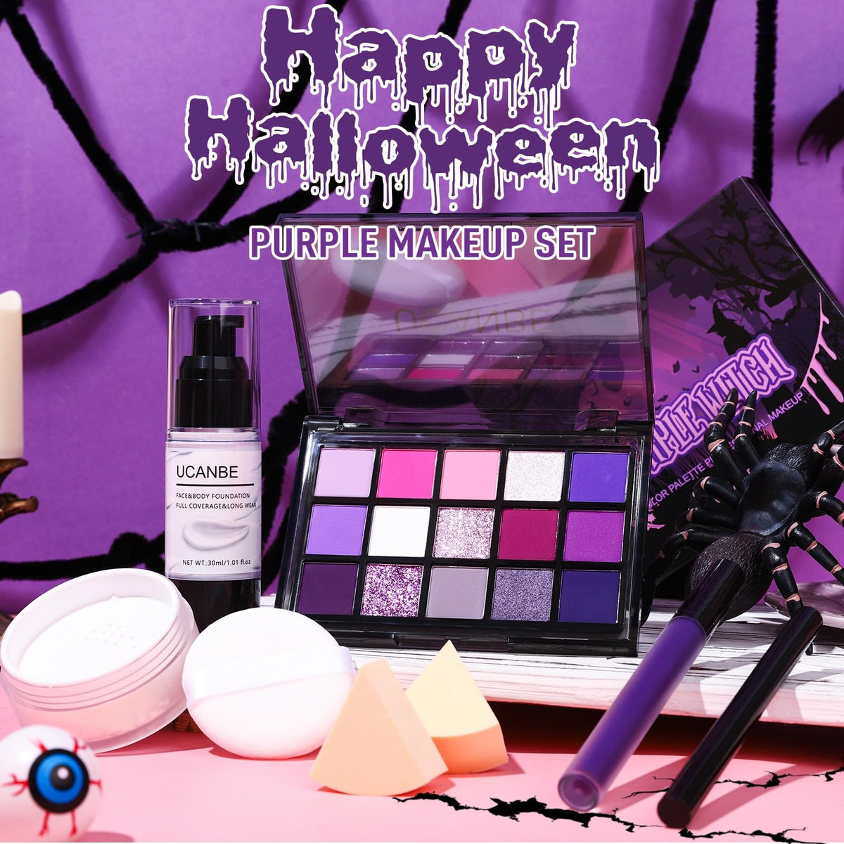 Ultrafine Purple Eyeshadow Palette with Foundation & Lipstick – Halloween Makeup Kit (15 Colors)