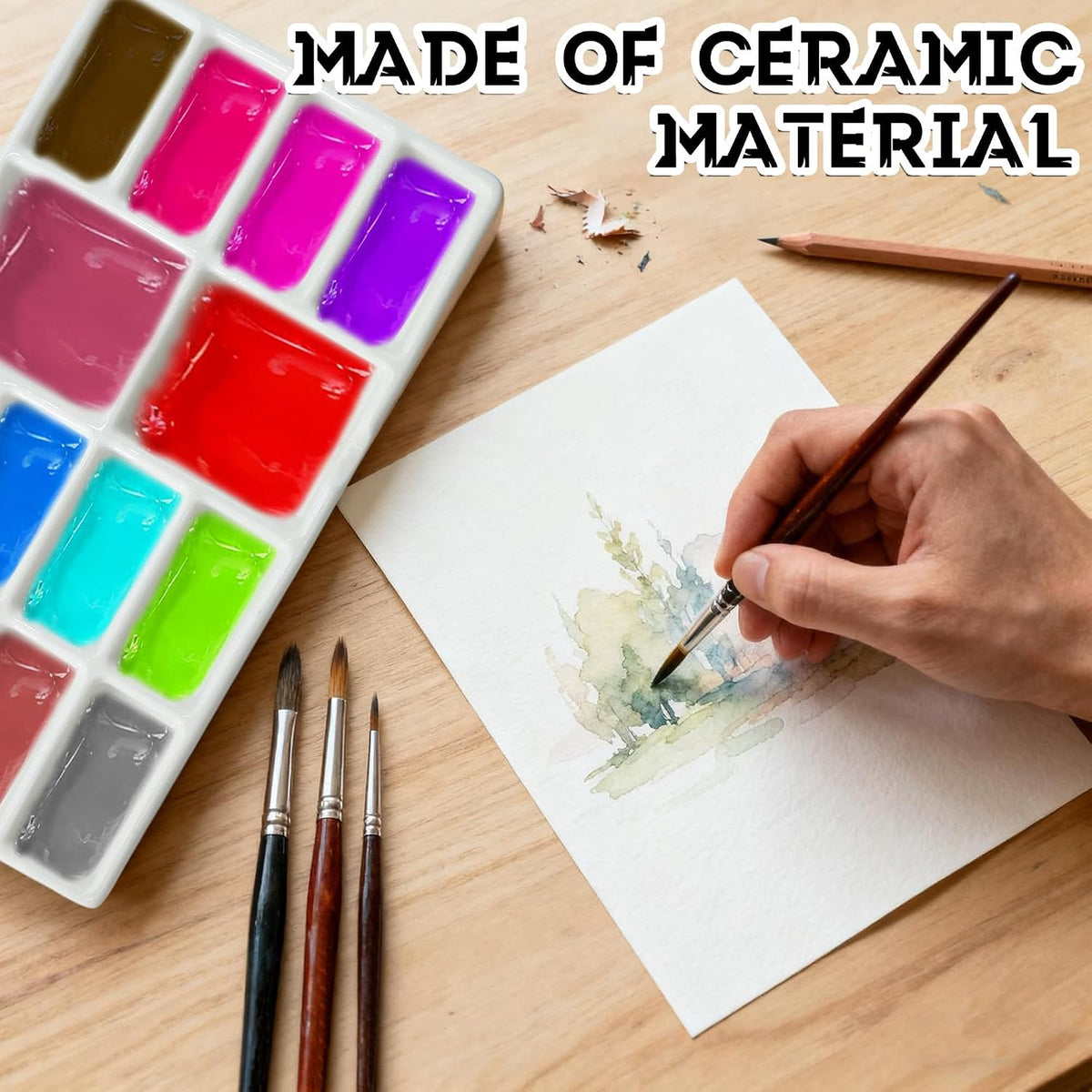 14-Well Ceramic Watercolor Paint Palette - Durable Porcelain Art Supplies