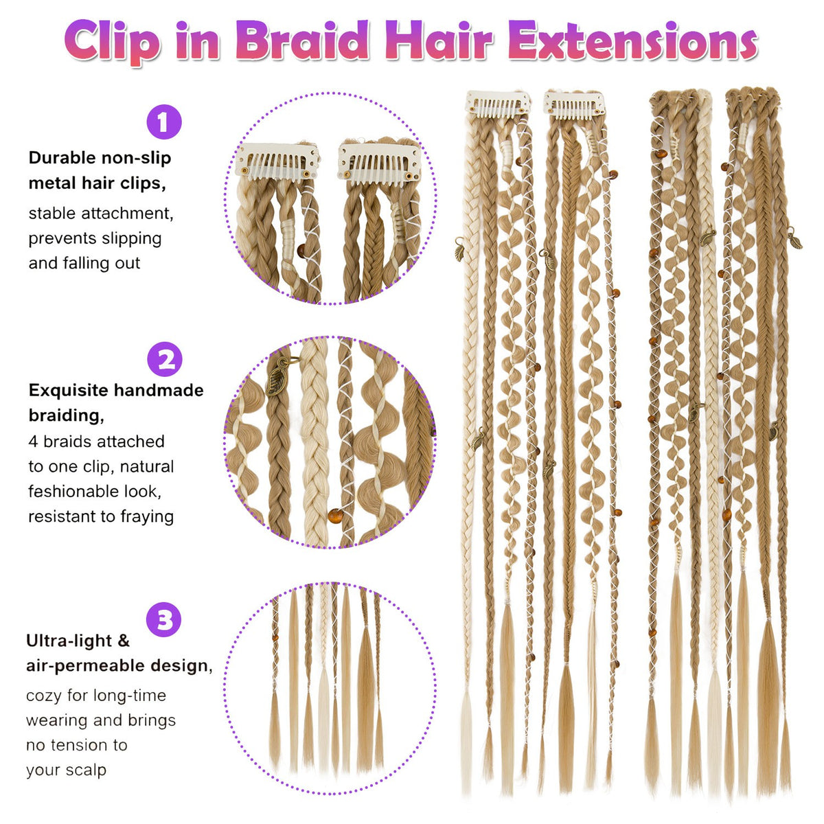 20in Clip-In Boho Dreadlock Braided Hair Extensions with Beads & Charms