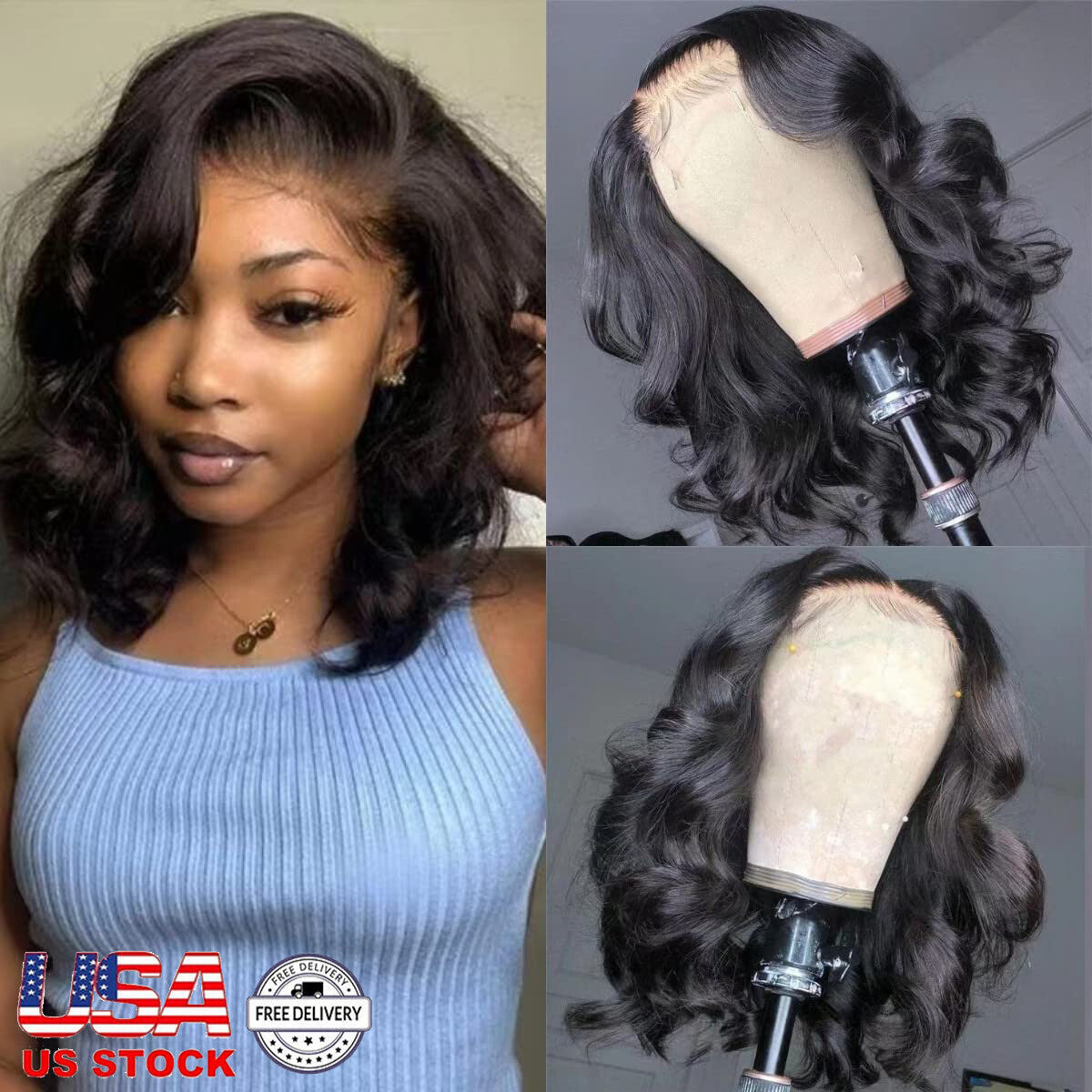 14 Inch Human Hair Bob Wig with Glueless Lace Front, Pre-Plucked, Black