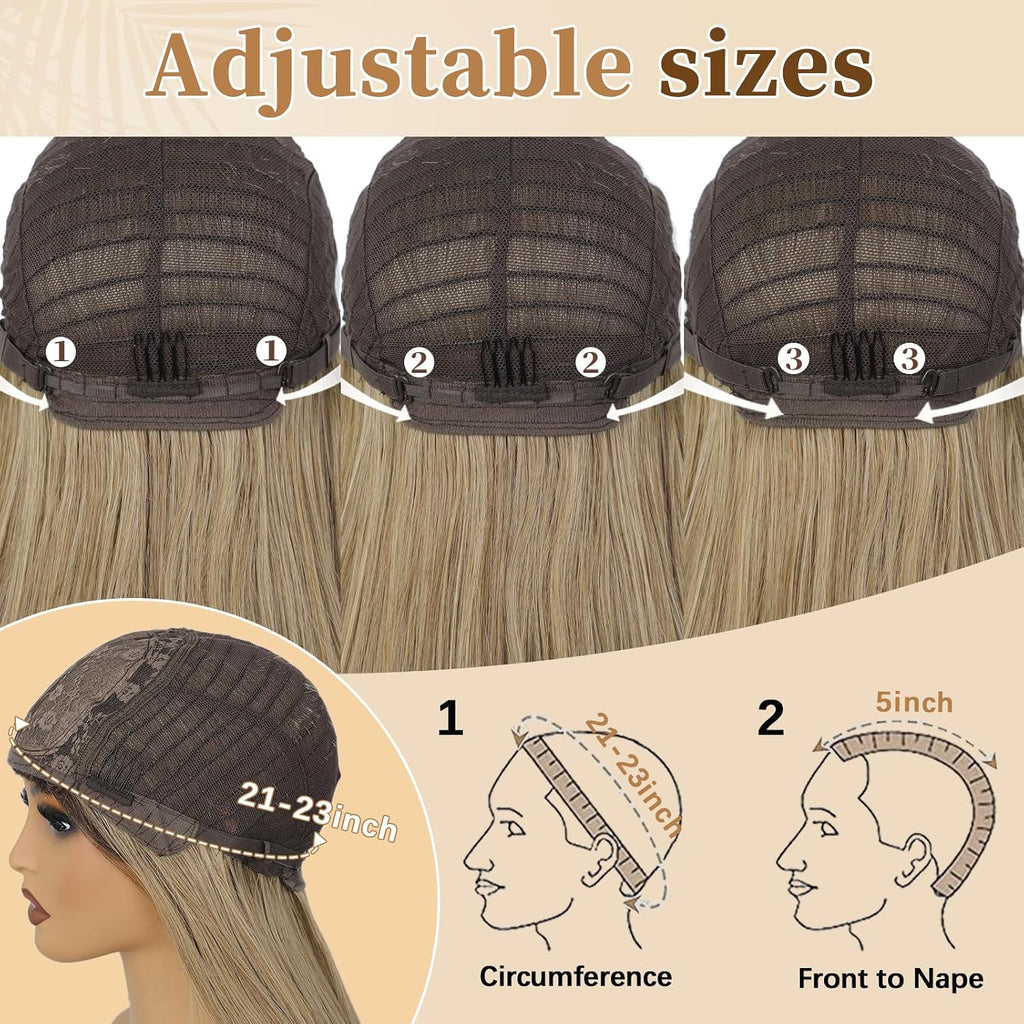 Blonde Wig with Bangs - Long Straight Layered Hair for Women, Natural Look, 26 Inch