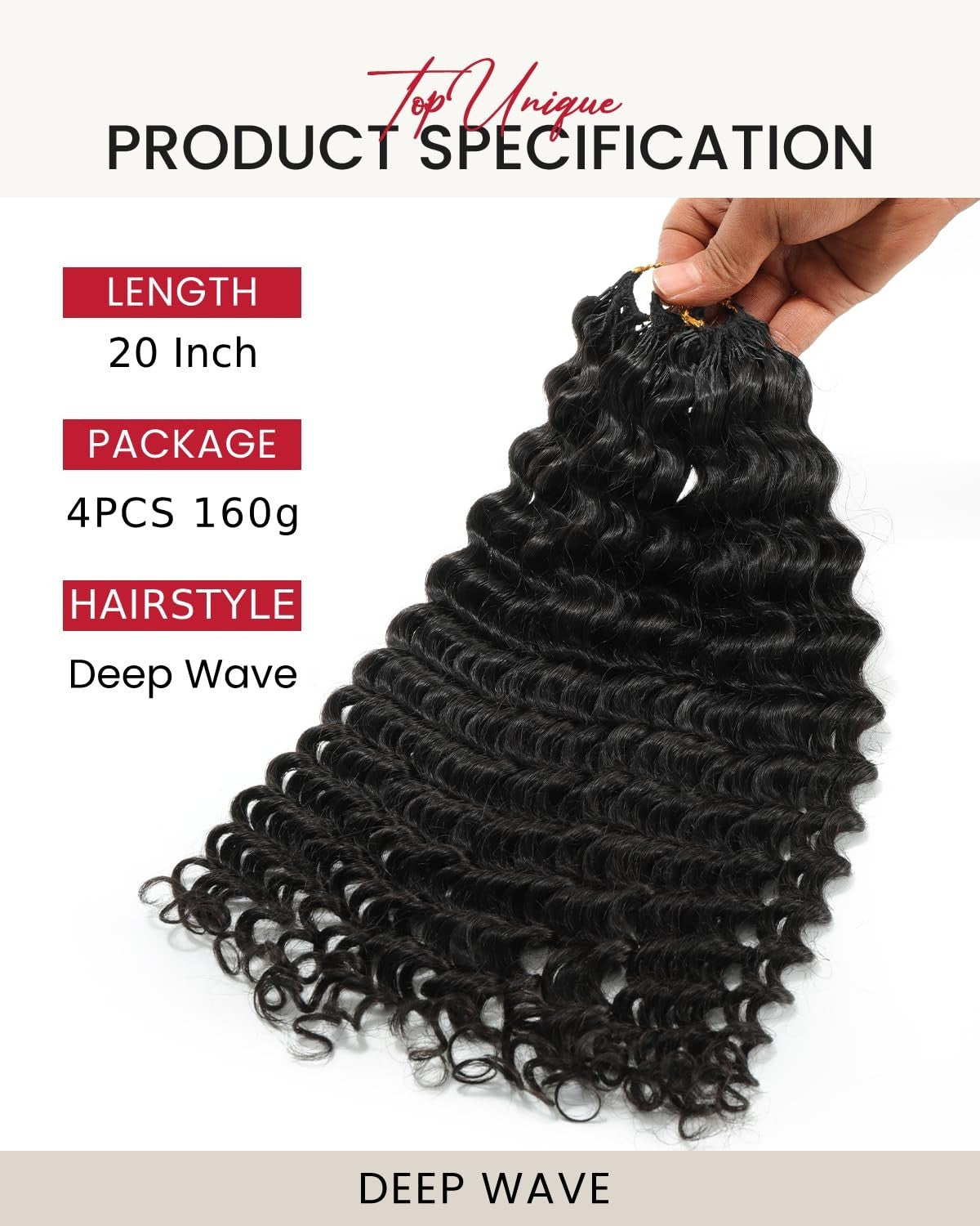 Deep Wave Crochet Hair Extensions 20 Inch Pre-Separated Human Hair - Natural Color