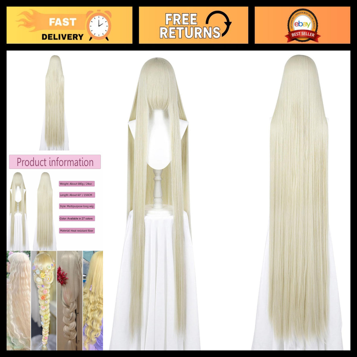 Long Straight Synthetic Wig with Bangs - Cosplay & Halloween Costume