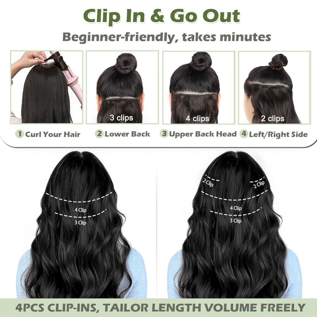Clip-In Hair Extensions 4PCS Full Head 100% Human Hair, Various Lengths & Colors