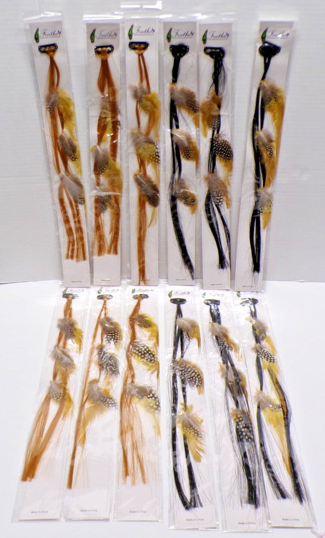 12-Pack Assorted Feather Hair Clips Black & Brown - Hair Accessories