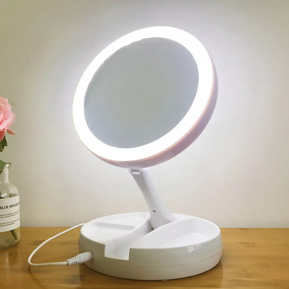 LED Lighted Vanity Mirror with 1X/10X Magnification Foldable Desk Makeup Mirror
