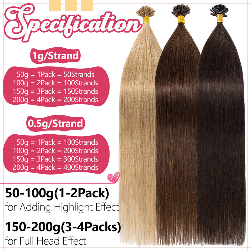 Pre-Bonded Human Hair Extensions U Tip Keratin Hair Extensions - Multiple Lengths & Colors