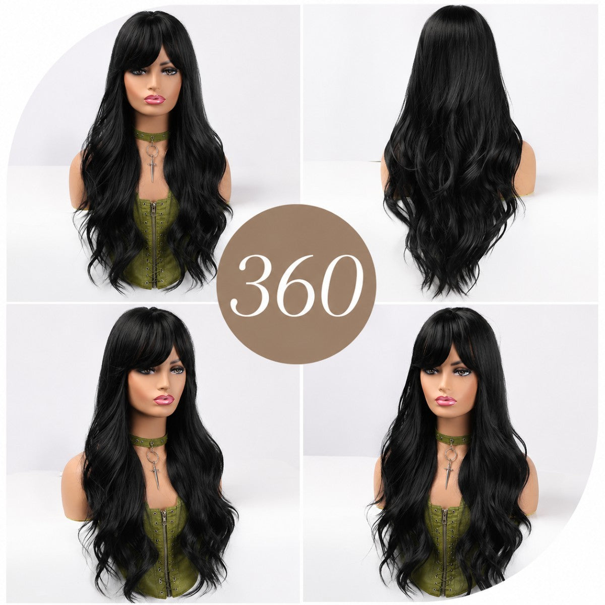 Long Wavy Black Synthetic Wig with Fringe for Cosplay & Costume