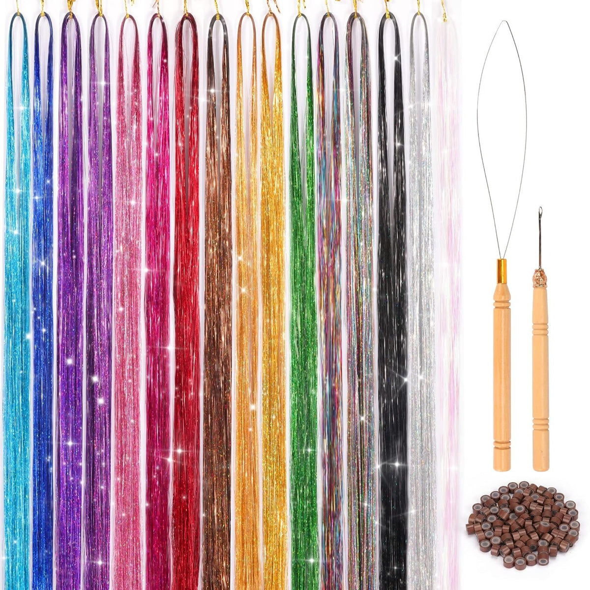 16-Color Hair Tinsel Kit - 48 Inch Sparkling Hair Extensions for Festivals & Events