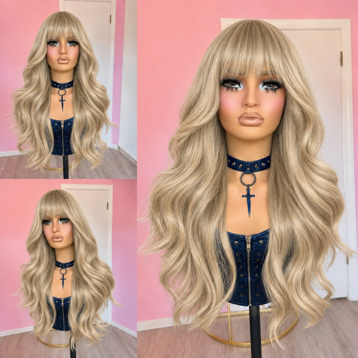 Long Wavy Blonde Costume Wig with Fringe - Synthetic Heat-Resistant Hair