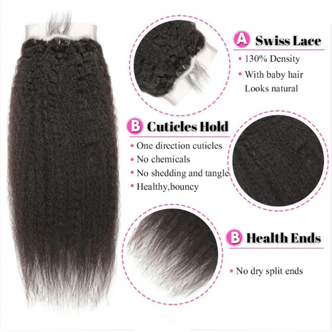 Kinky Straight Lace Closure 5x5 Human Hair Brazilian Remy 14 Inch
