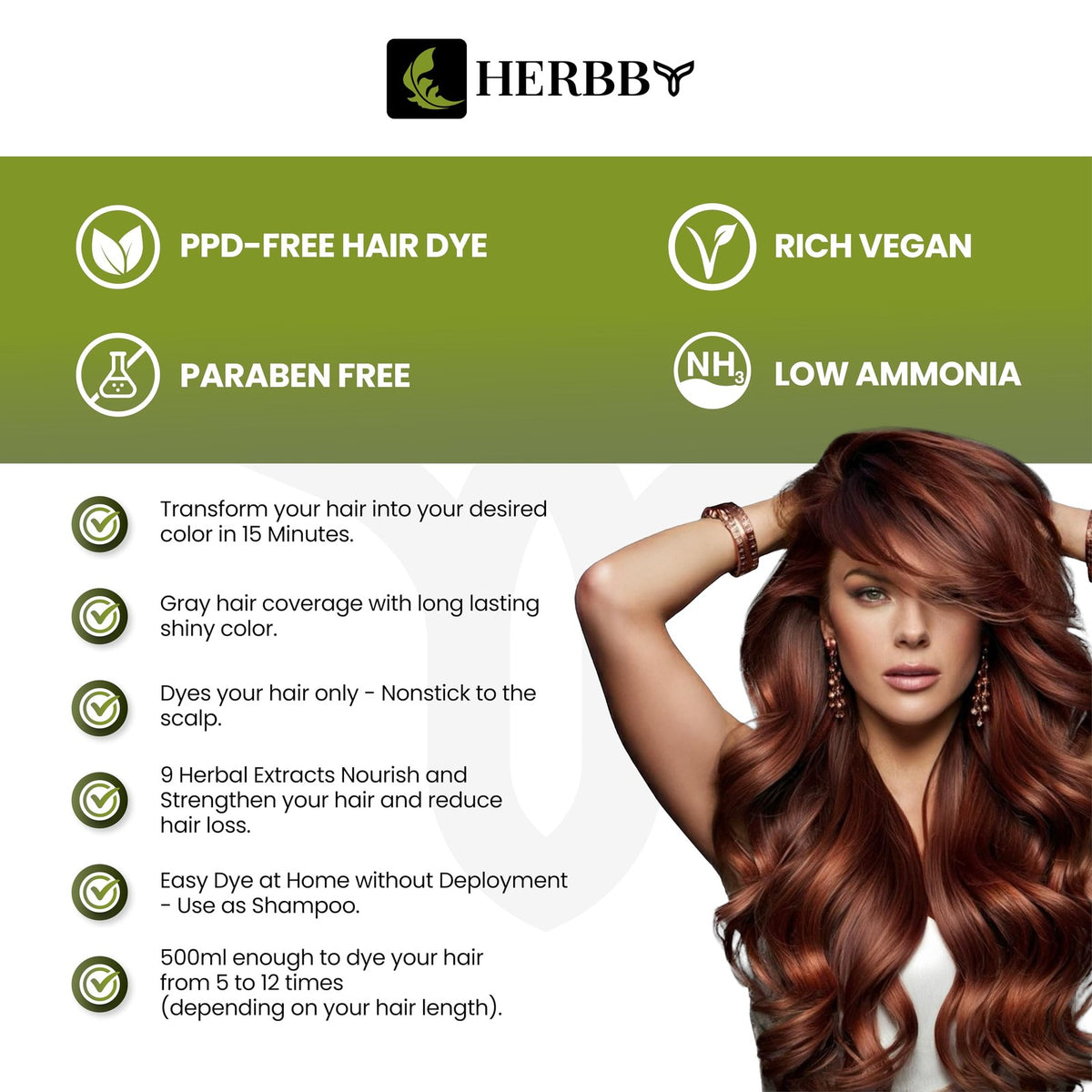 Hair Color Shampoo for Gray Coverage & Herbal Dye - 500ml Auburn Brown