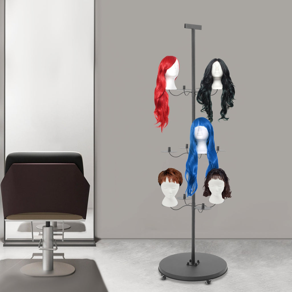 12-Head Wig Display Stand with Wheels - Black Iron Storage Rack for Wigs