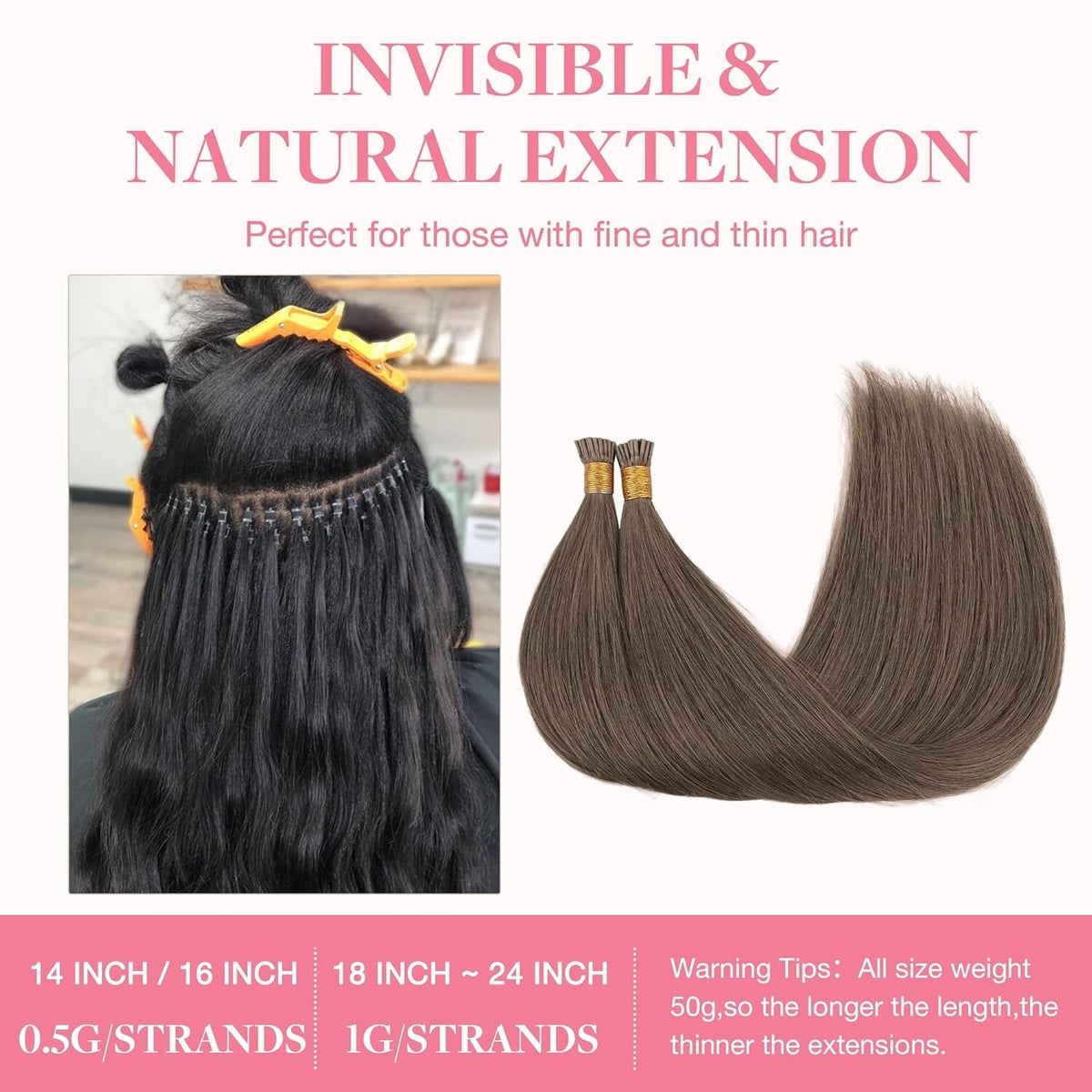 24-Inch Human Hair Extensions I Tip Light Ash Brown 100g Remy Real Hair