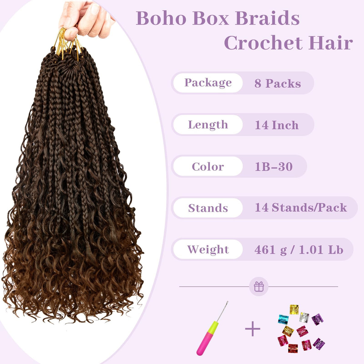 Boho Box Braids Crochet Hair 14 Inch Goddess Curl Ends Pre Looped