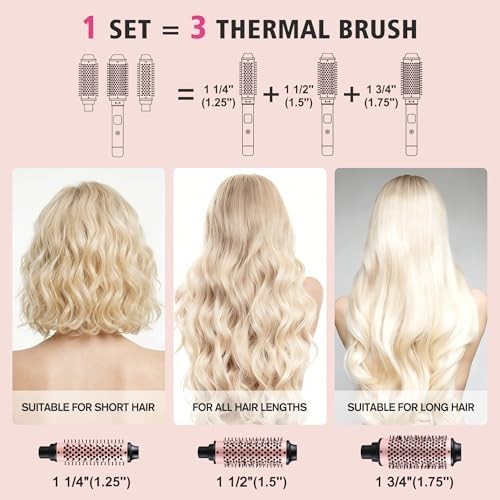 3-in-1 Interchangeable Heated Hair Curling Brush Set - 1.25, 1.5, 1.75 Inch