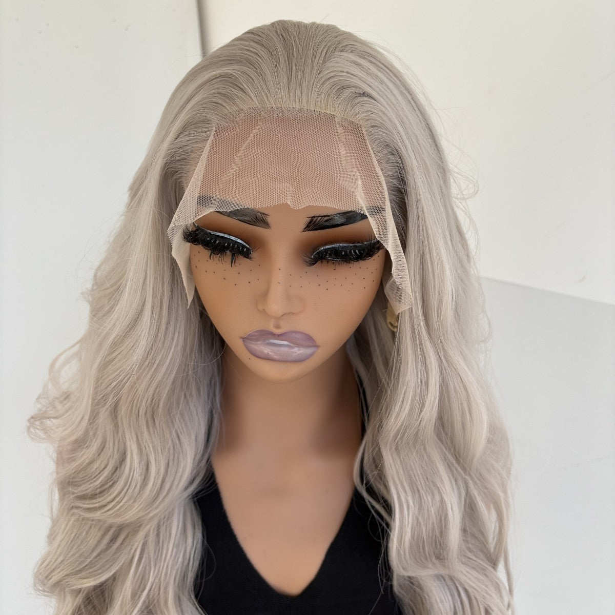 Long Wavy Synthetic Lace Front Wig - Heat Resistant Silver Grey Hair