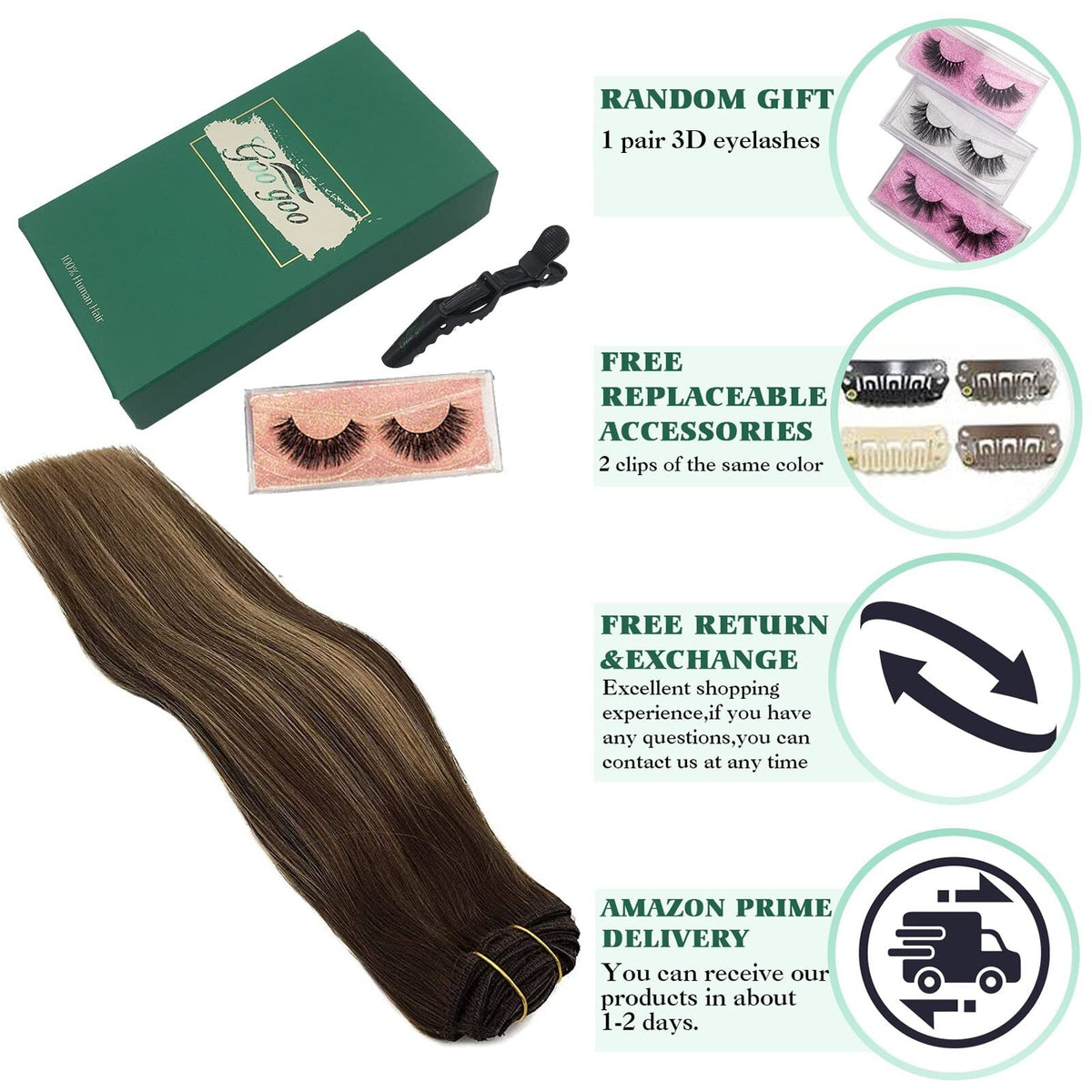 Clip-in Hair Extensions for Women, Real Human Hair, 16 Inch Long, 7pcs