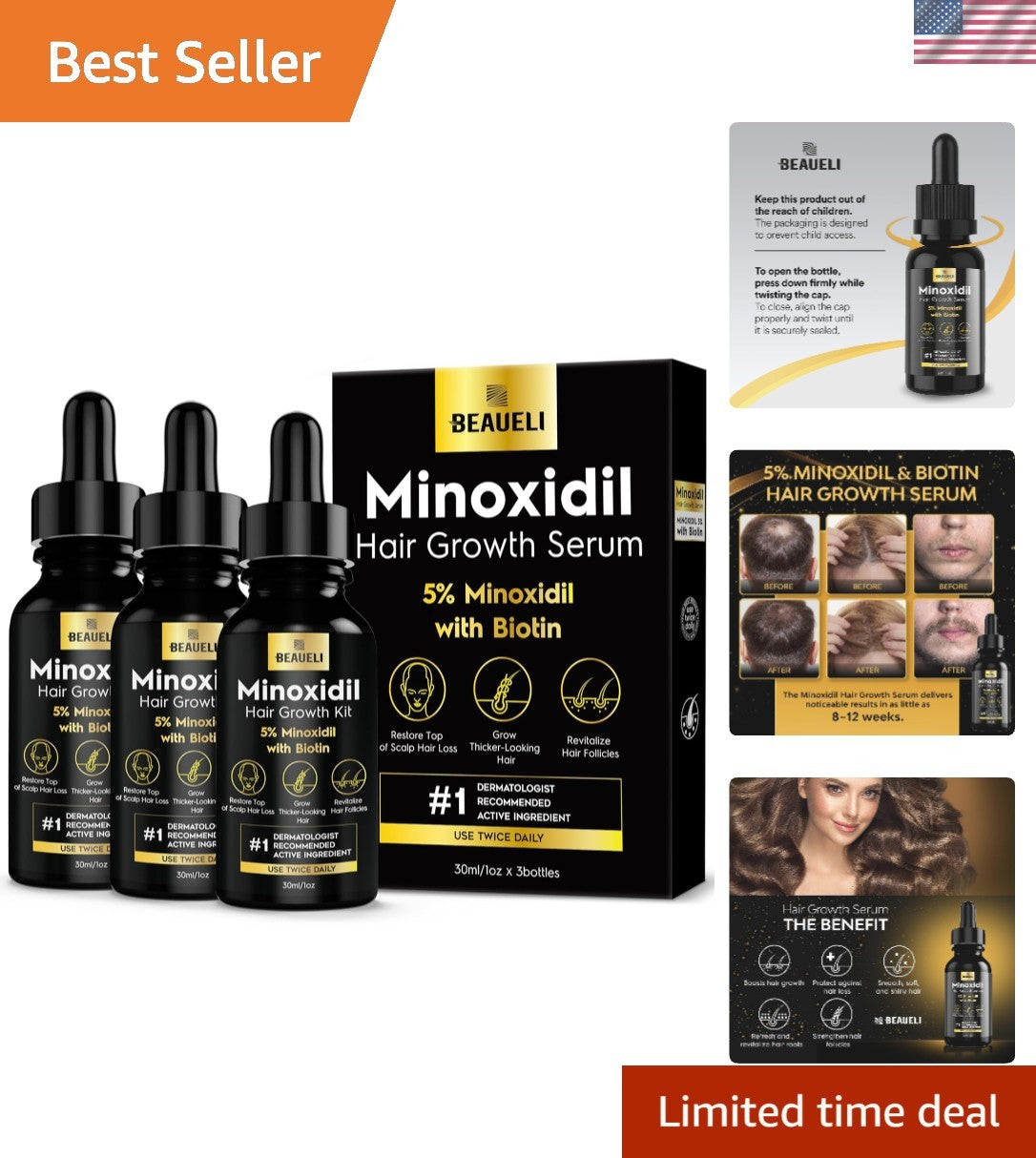 Minoxidil Hair & Beard Growth Serum - Unscented, 3 Bottles 3oz