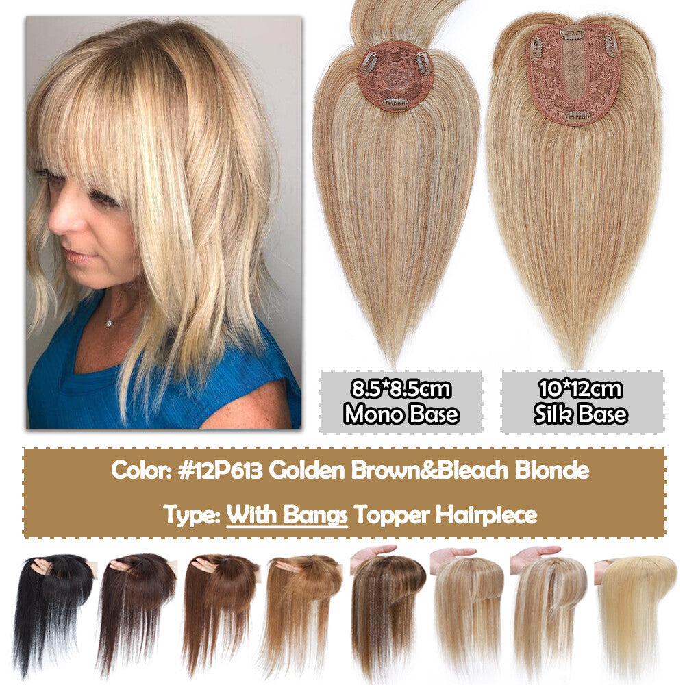 Human Hair Topper with Bangs Clip-In Remy Hairpiece for Thinning Hair