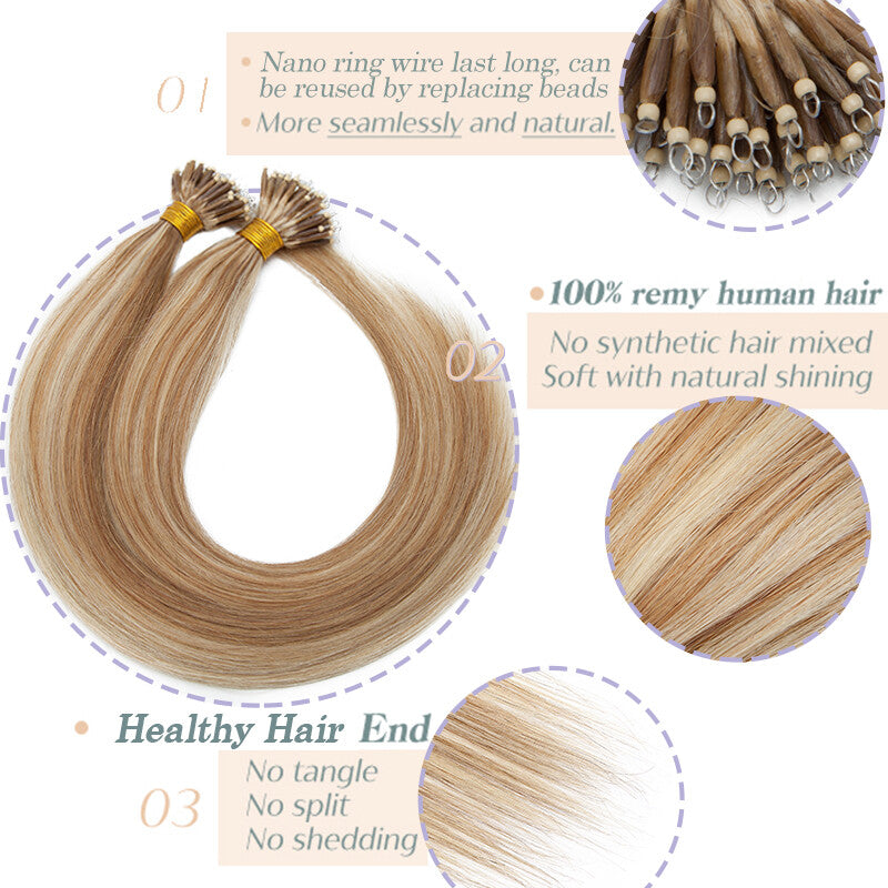 Nano Ring Remy Human Hair Extensions - Thick Highlight Balayage Ombre, 16-22 Inch Options