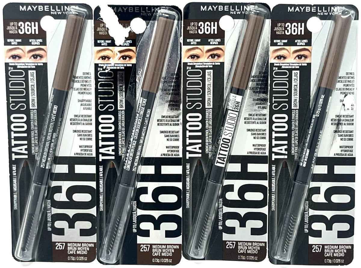 Maybelline Tattoo Studio Brow Pencil - Sealed, 0.026 oz, Medium Brown (4 Pack)