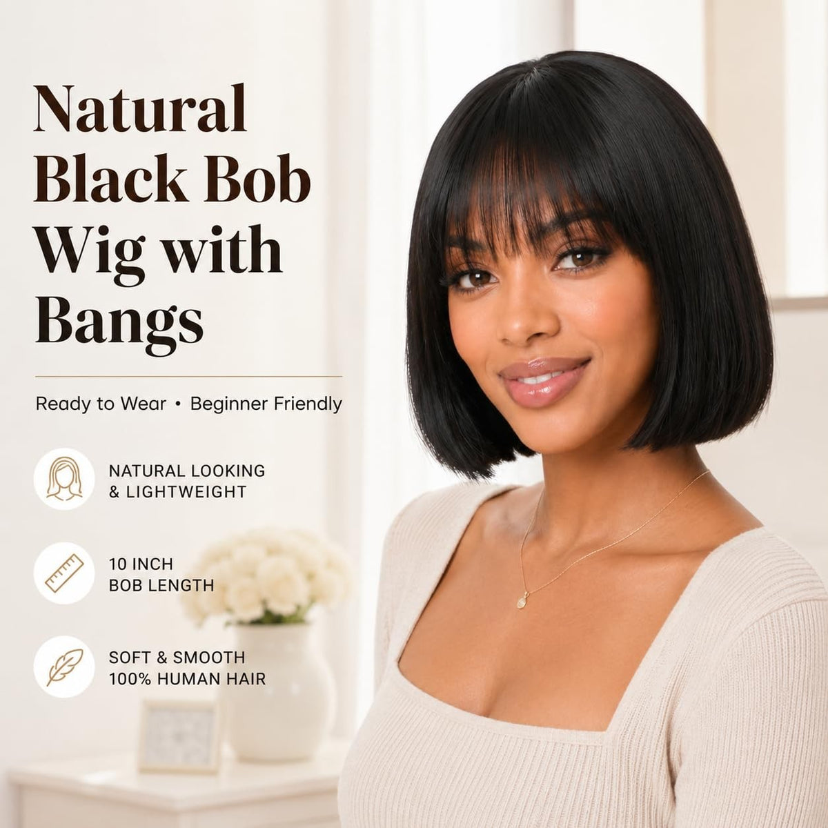 10-Inch Brazilian Human Hair Bob Wig with Bangs - Glueless Straight Style