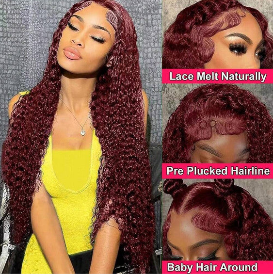 Human Hair Wig 5x5 Water Wave Burgundy 99J Natural 200% Density Unbranded