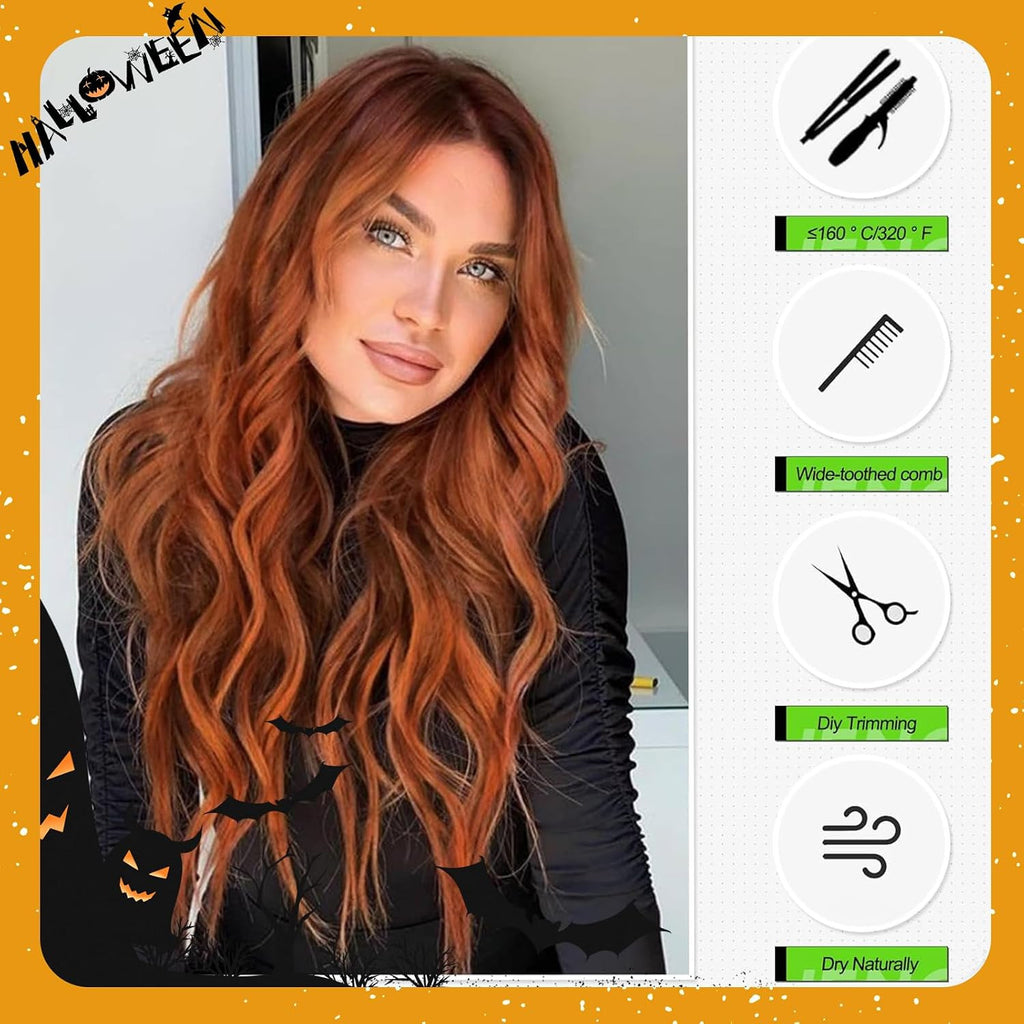 Long Ombre Auburn Wavy Wig for Women - 26 Inch Curly Synthetic Hair