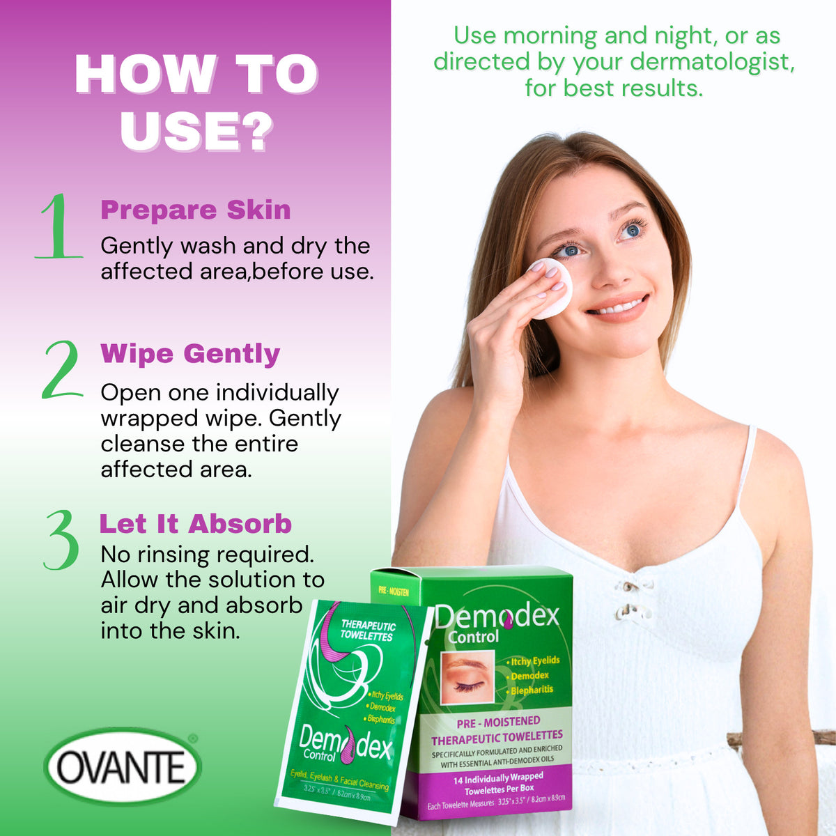 Eyelid & Face Cleansing Wipes for Demodex, Blepharitis, Itchy Eyes - 14 Pack