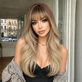 Blonde Wig with Bangs - Long Straight Layered Hair for Women, Natural Look, 26 Inch